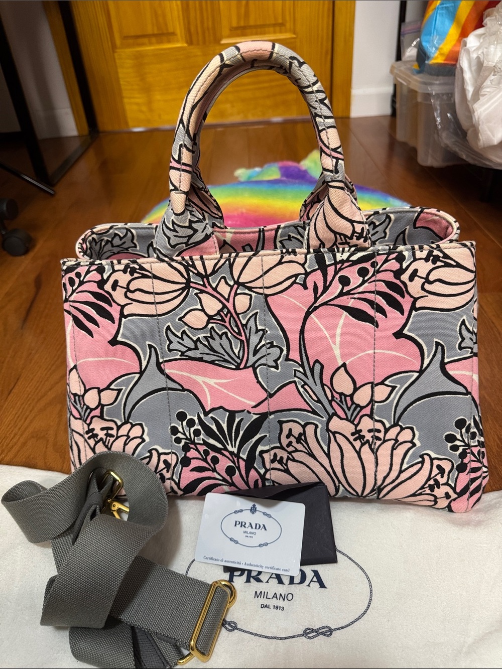 Prada Pink and Gray Floral Canvas Tote